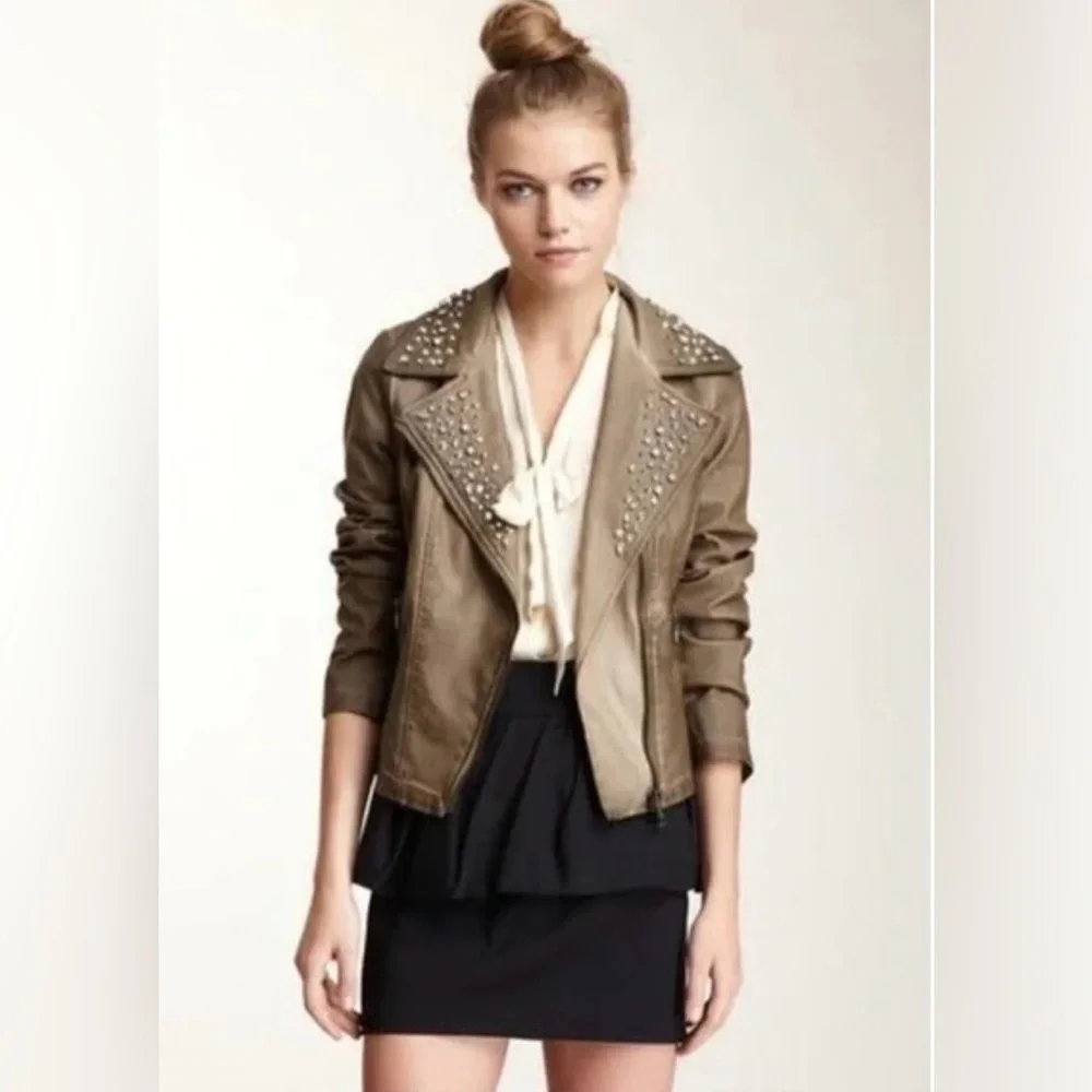 Sam Edelman Studded Distressed Tan/Brown Moto Jacket With Leopard Print Lining
